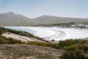 Esperance Beach, WA. White Sand Shores and Crystal-Clear Waters Scenic view of a beach in Esperance, Western Australia, with white sand, clear blue ocean, and a vibrant sky. Popular for road trips and nature photography.