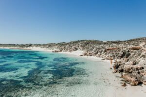 Ocean View of Rottnest Island. Blue Skies and Coastal Beauty in Western Australia Scenic ocean view from Rottnest Island, Western Australia, featuring blue skies and turquoise waters. A popular travel destination near Perth.
